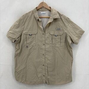 Columbia Shirt Mens 2XL Beige Short Sleeve PFG Fishing Button Up Vented Outdoor